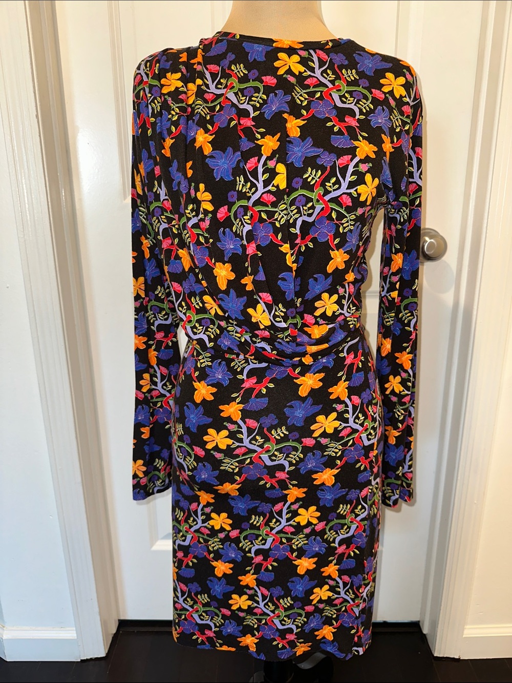 Zara Black Long-Sleeve Floral Print Dress with Oink,Orange and Purple Blooms